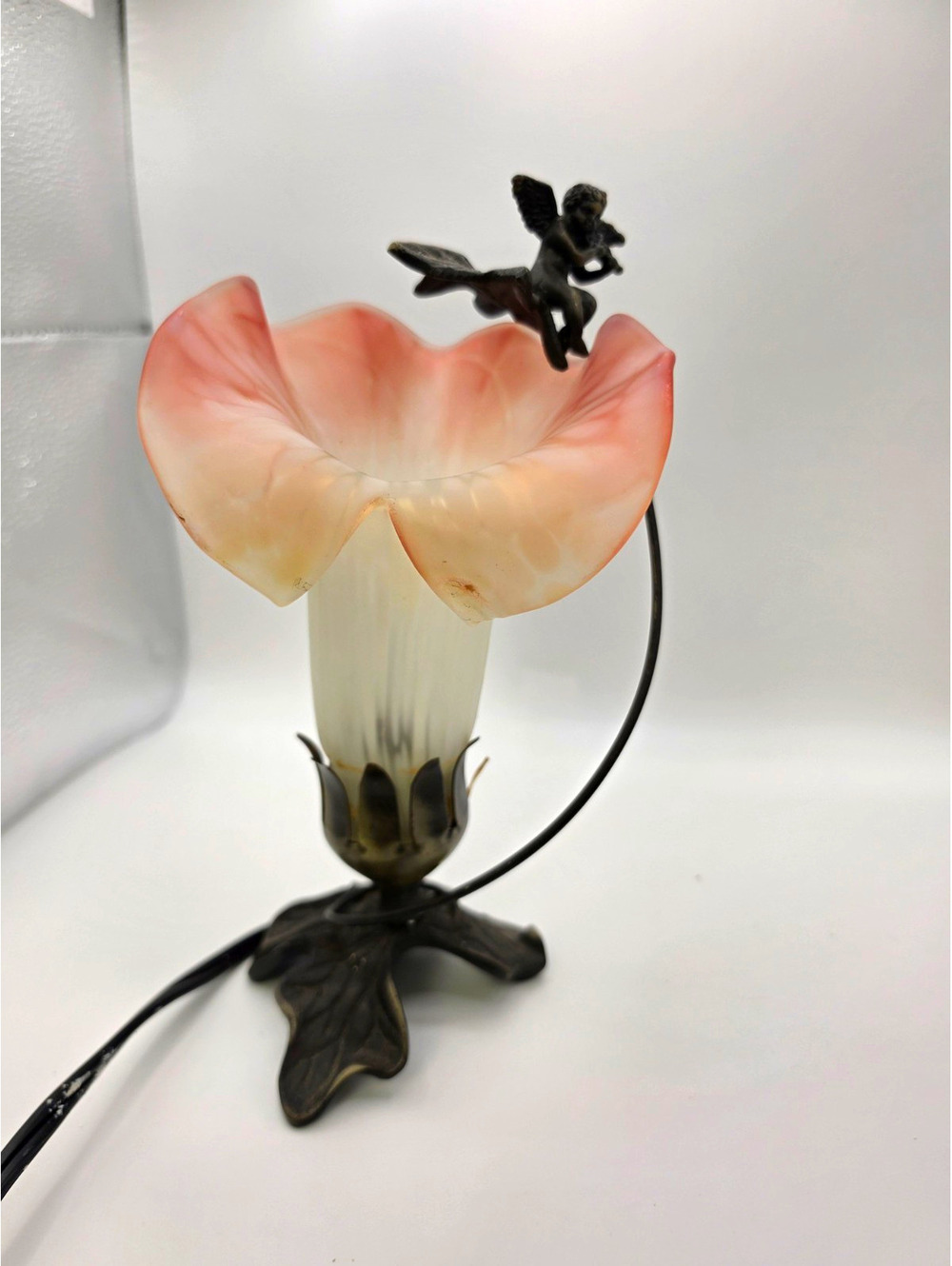 Pink Flower Glass Shade Cherub Table Lamp, Metal Base, Corded, UL Listed